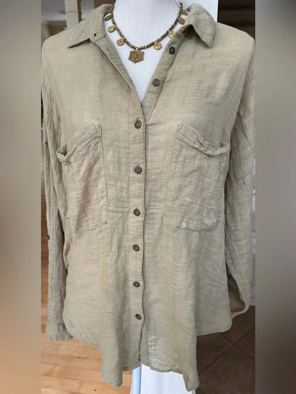 Free People Celery Green Textured Button-Down Shirt with tie back